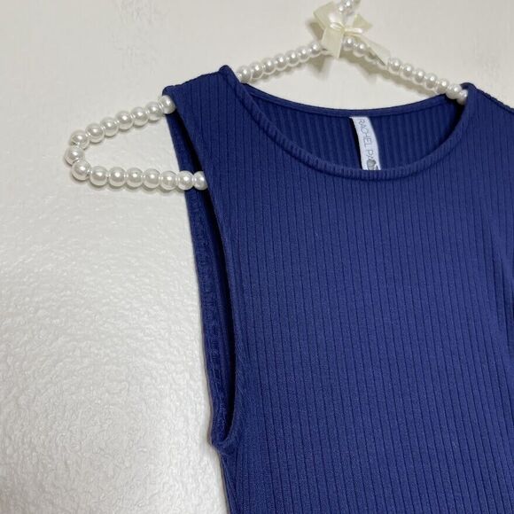 Rachel Pally Dress Medium Blue Rib Sleeveless Knit Maxi Long High Neck Shirred - Picture 6 of 11